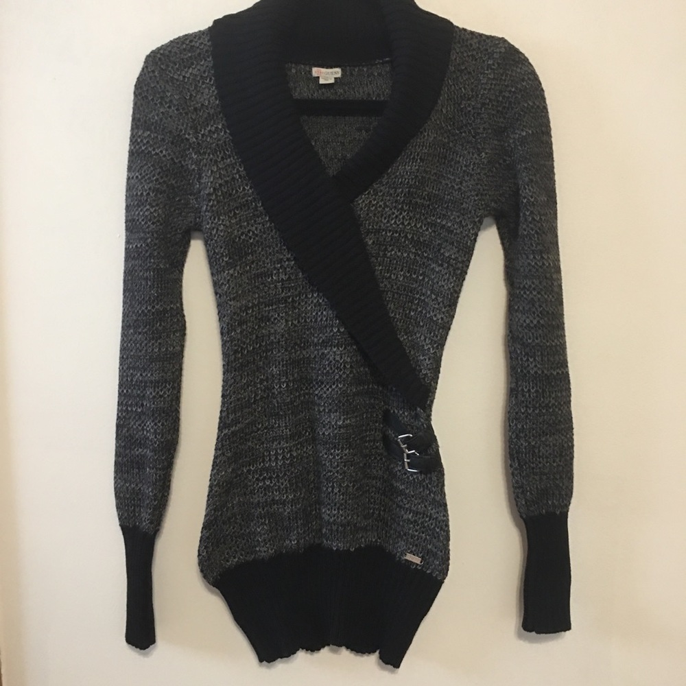 Guess Faux Wrap Sweater Tunic with Buckles Small